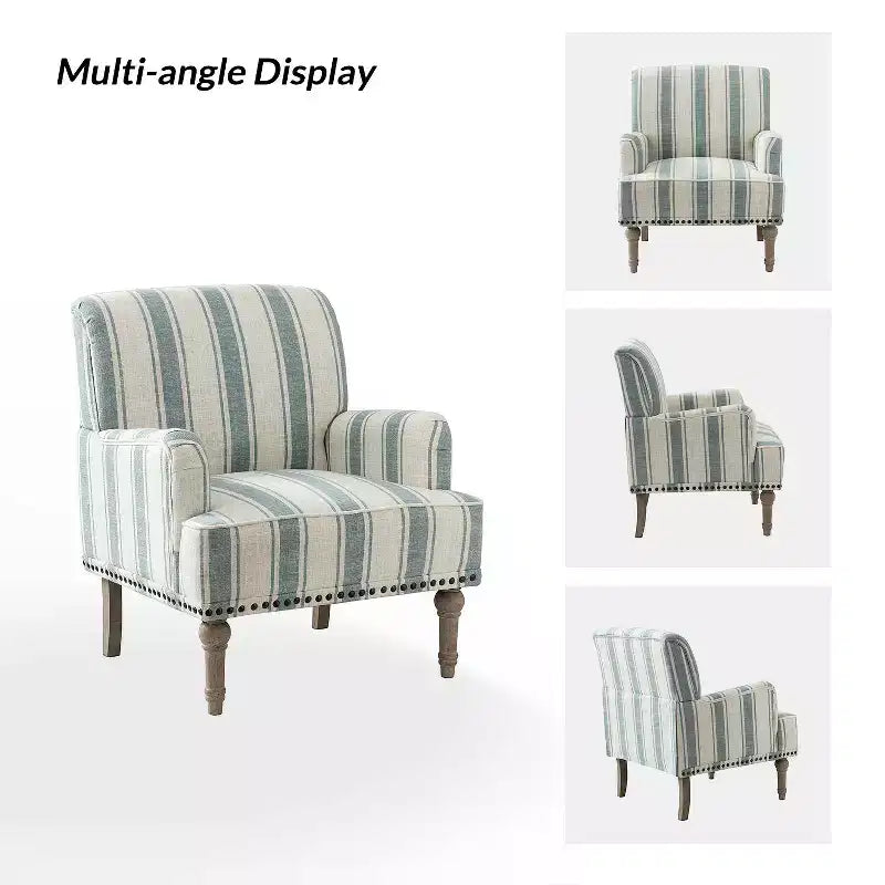 Fauteuil rembourré en bois avec clous décoratifs et motif à rayures