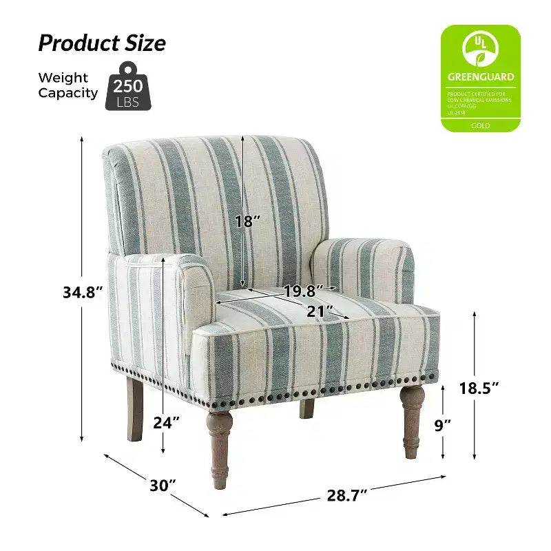 Fauteuil rembourré en bois avec clous décoratifs et motif à rayures