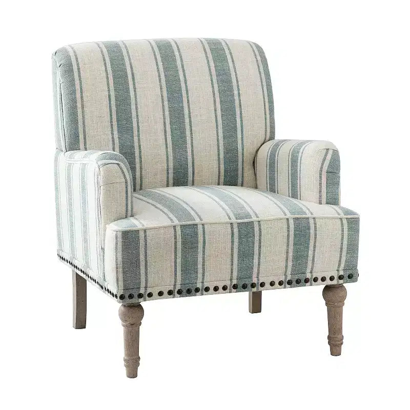 Fauteuil rembourré en bois avec clous décoratifs et motif à rayures