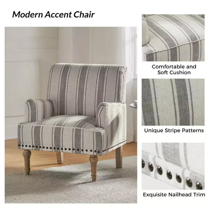Fauteuil rembourré en bois avec clous décoratifs et motif à rayures