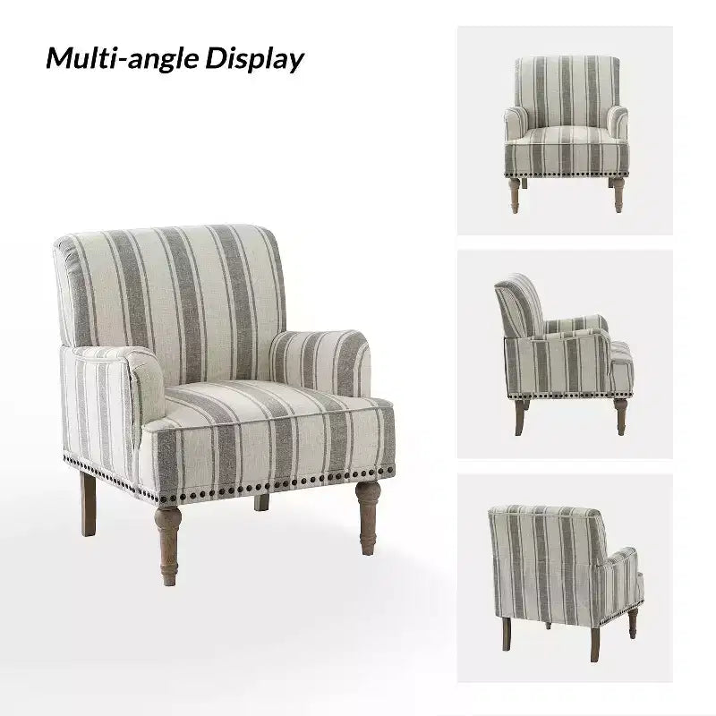 Fauteuil rembourré en bois avec clous décoratifs et motif à rayures