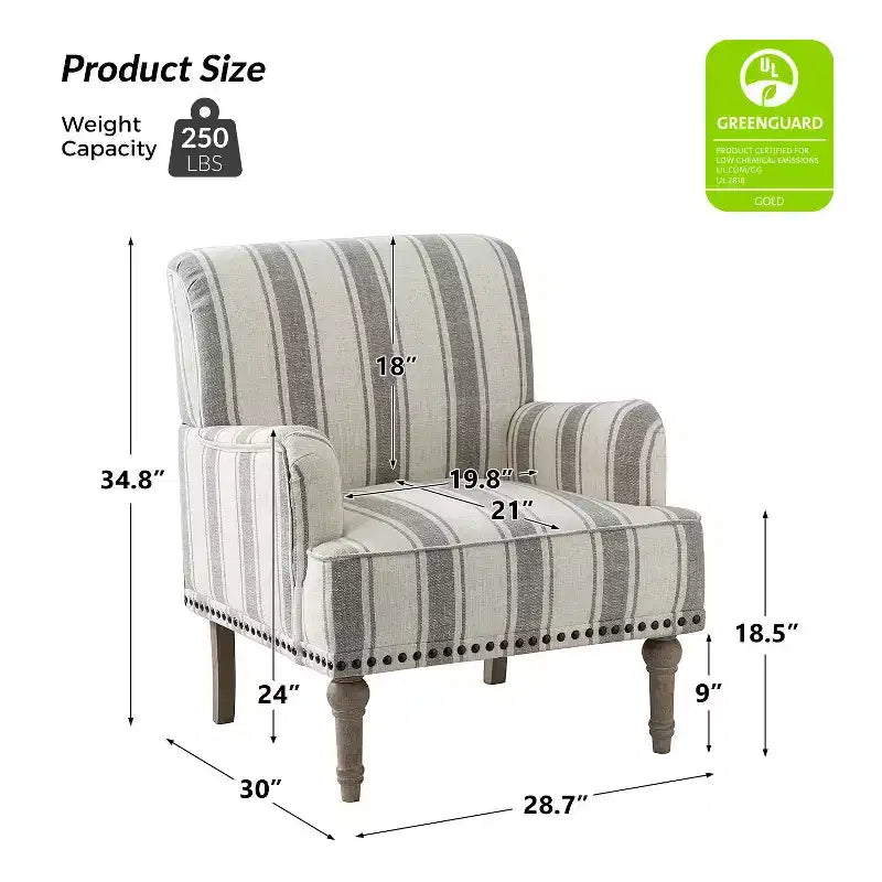 Fauteuil rembourré en bois avec clous décoratifs et motif à rayures