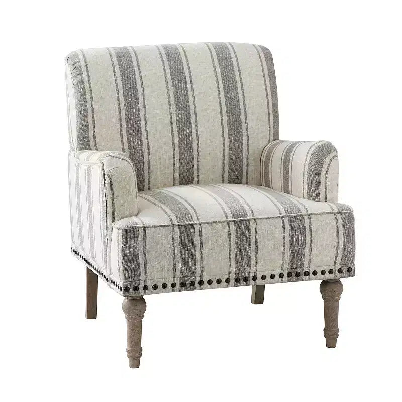 Fauteuil rembourré en bois avec clous décoratifs et motif à rayures