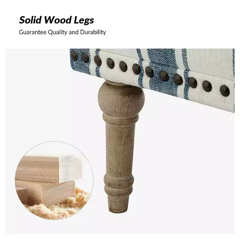 Fauteuil rembourré en bois avec clous décoratifs et motif à rayures