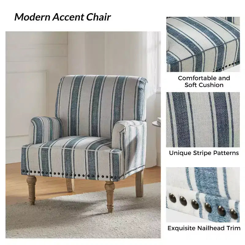 Fauteuil rembourré en bois avec clous décoratifs et motif à rayures