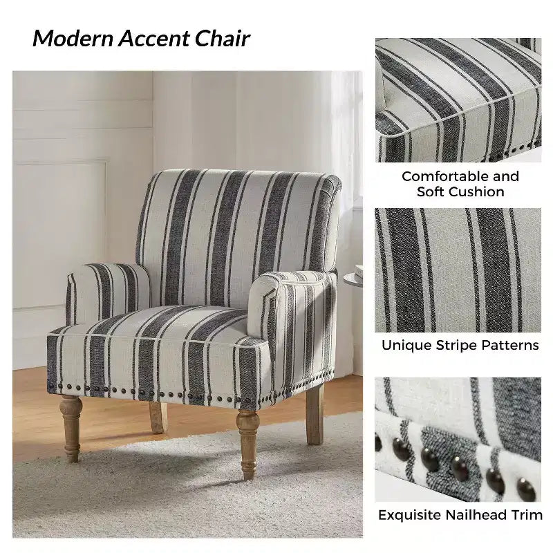 Wooden Upholstered Armchair with Nailhead Trim and Stripe Design