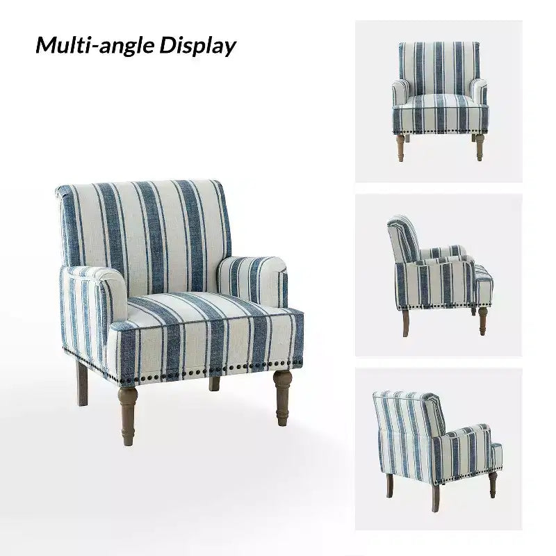 Fauteuil rembourré en bois avec clous décoratifs et motif à rayures