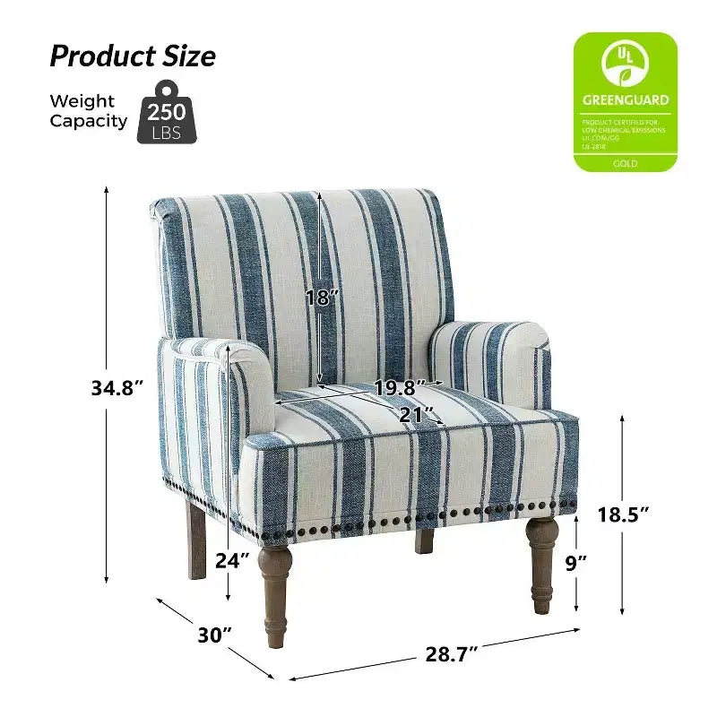 Fauteuil rembourré en bois avec clous décoratifs et motif à rayures