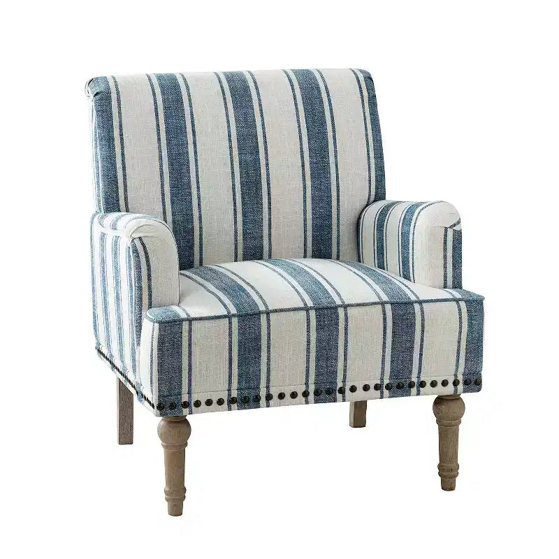 Fauteuil rembourré en bois avec clous décoratifs et motif à rayures