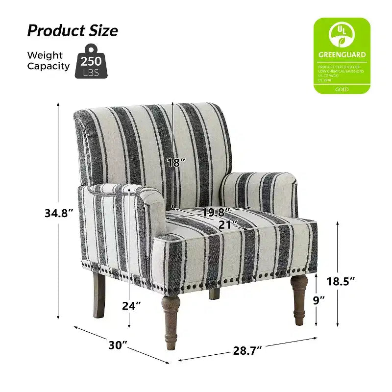 Wooden Upholstered Armchair with Nailhead Trim and Stripe Design