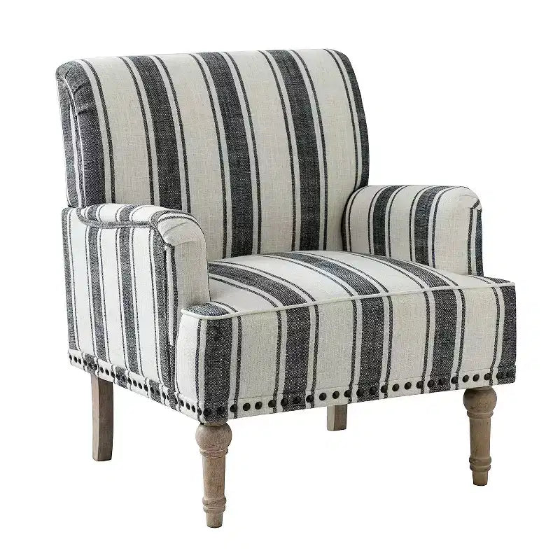 Fauteuil rembourré en bois avec clous décoratifs et motif à rayures