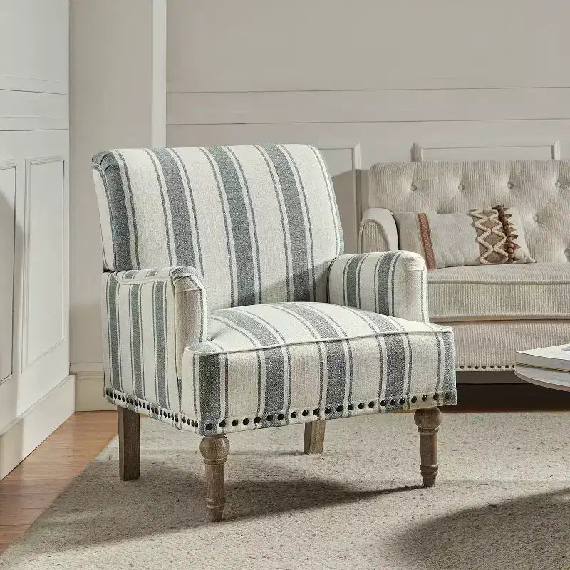 Wooden Upholstered Armchair with Nailhead Trim and Stripe Design