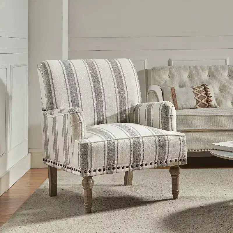 Wooden Upholstered Armchair with Nailhead Trim and Stripe Design