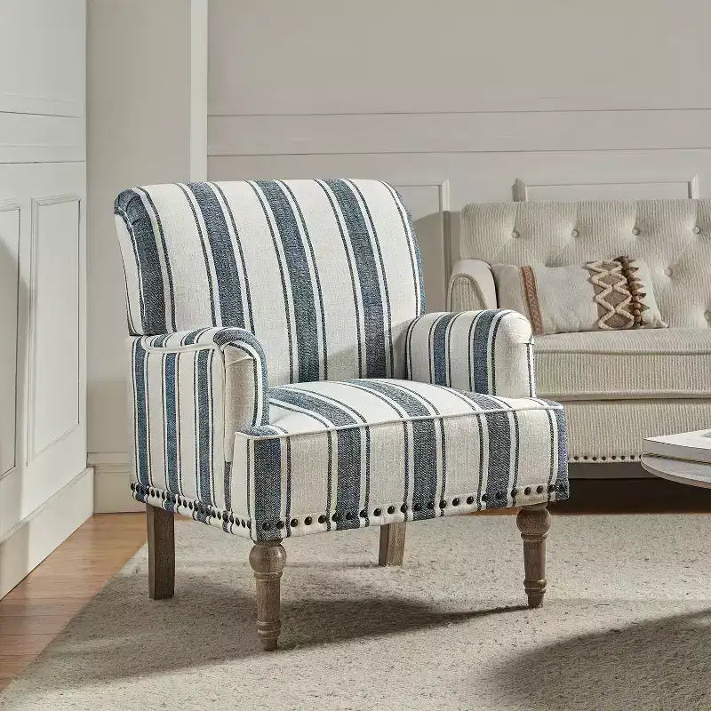 Wooden Upholstered Armchair with Nailhead Trim and Stripe Design