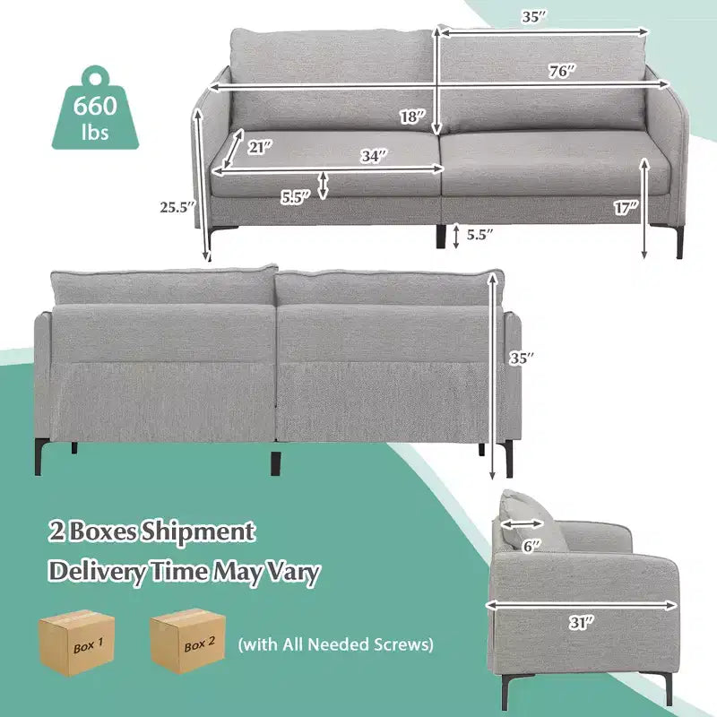 Causeuse canapé moderne de 76 pouces pour salon appartement dortoir avec pieds en métal gris