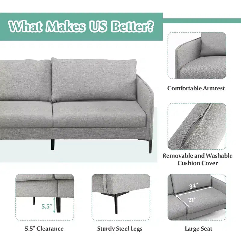 Causeuse canapé moderne de 76 pouces pour salon appartement dortoir avec pieds en métal gris