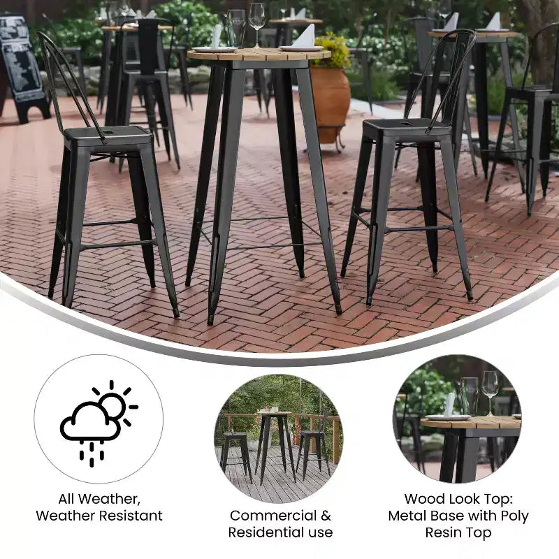 Table de bar d'intérieur/extérieur, plateau rond en polyrésine tout temps de 60 cm avec base en acier