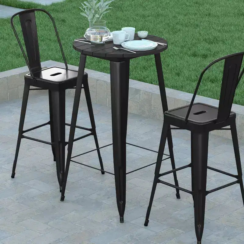 Table de bar d'intérieur/extérieur, plateau rond en polyrésine tout temps de 60 cm avec base en acier