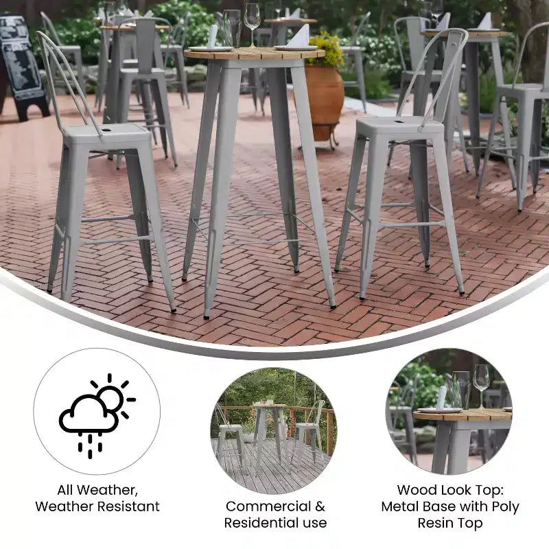 Table de bar d'intérieur/extérieur, plateau rond en polyrésine tout temps de 60 cm avec base en acier
