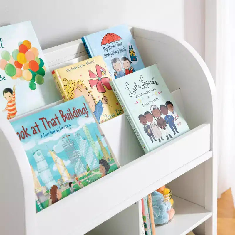 Bibliothèque et rangement de jouets pour enfants avec bacs en tissu