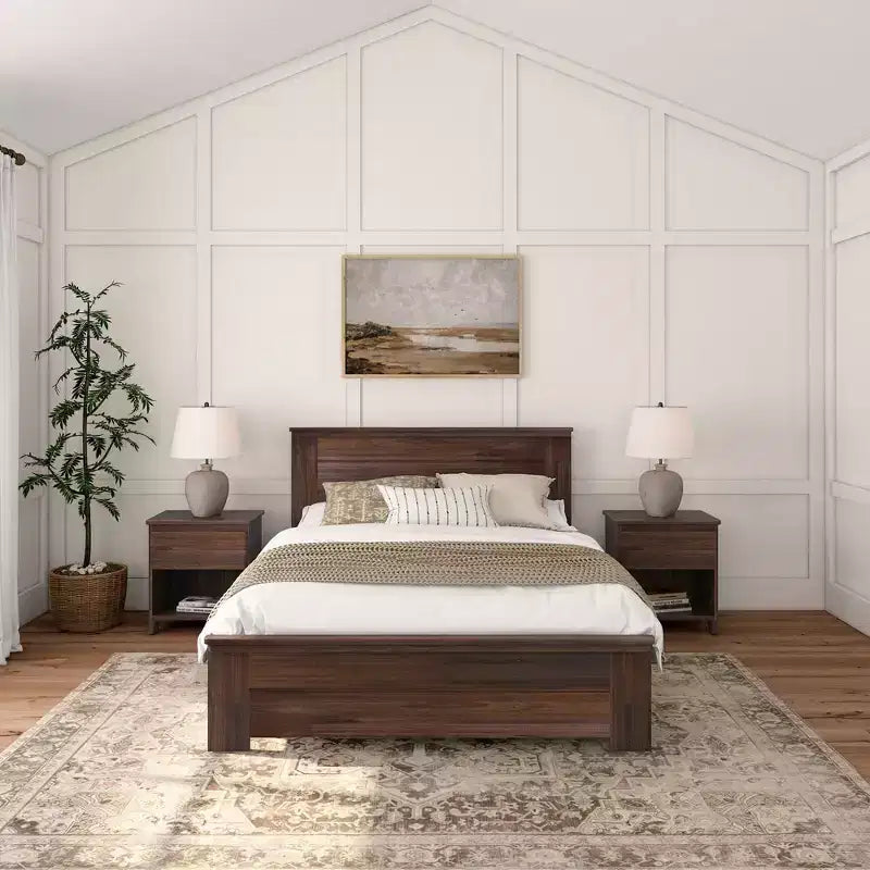 Farmhouse Queen Bed with Panel Headboard, Solid Wood Platform Bed