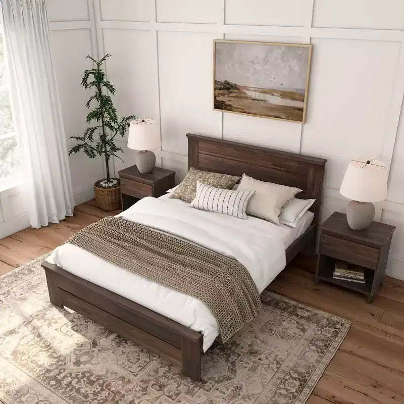 Farmhouse Queen Bed with Panel Headboard, Solid Wood Platform Bed