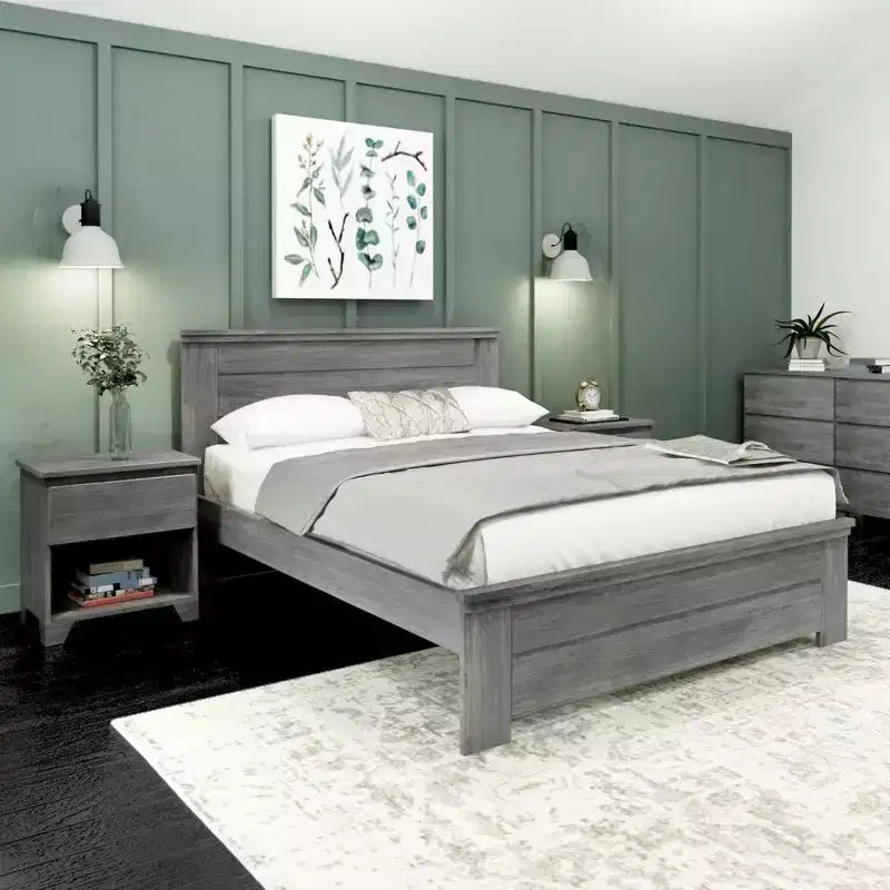Farmhouse Queen Bed with Panel Headboard, Solid Wood Platform Bed
