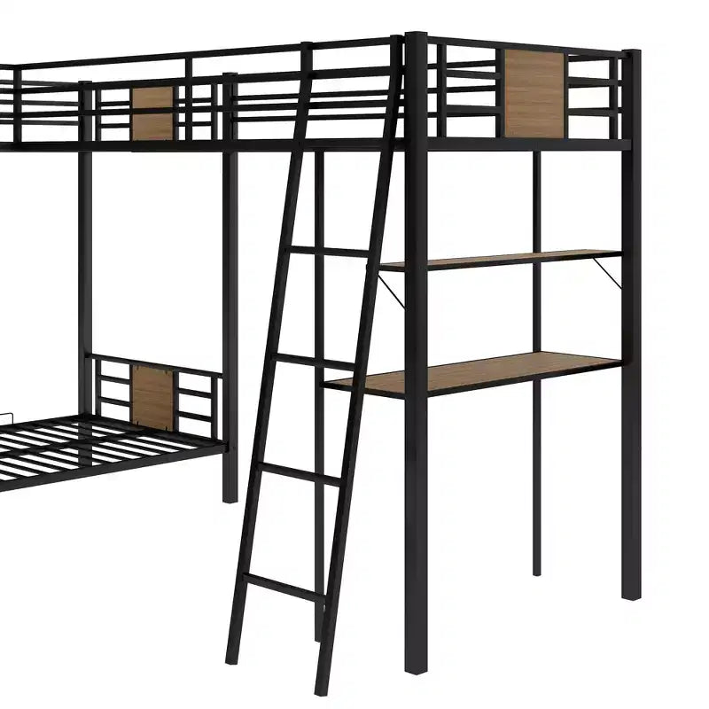 Lit superposé en L double sur double avec lit mezzanine simple, bureau et étagère - Marron