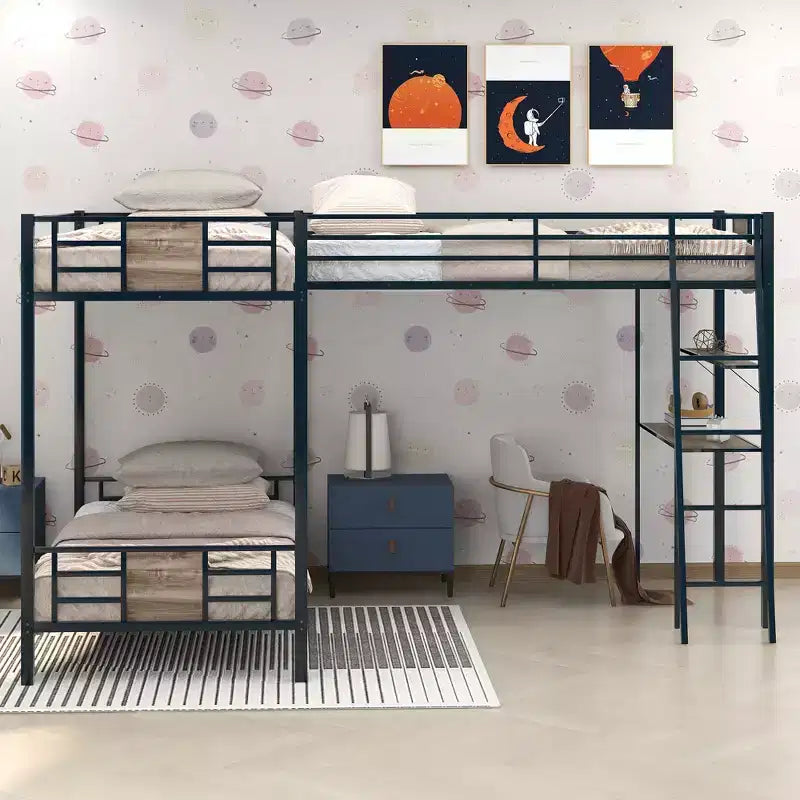 L-Shaped Twin over Twin Bunk Bed with Twin Size Loft Bed, Desk and Shelf - Brown