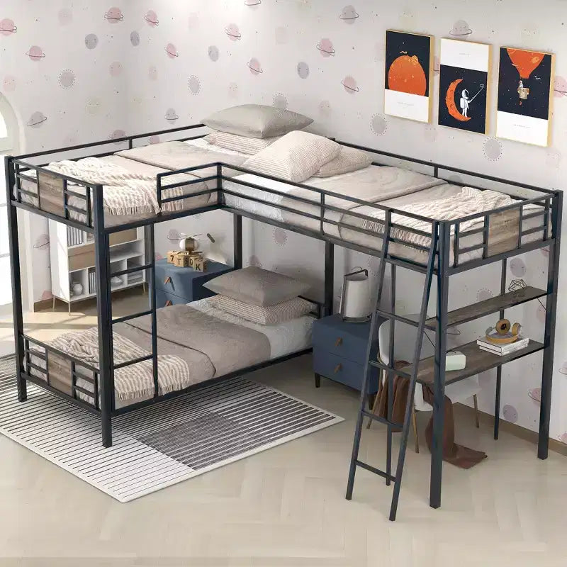 Lit superposé en L double sur double avec lit mezzanine simple, bureau et étagère - Marron