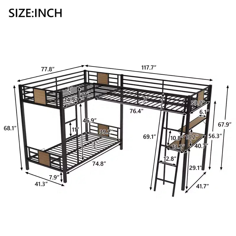 L-Shaped Twin over Twin Bunk Bed with Twin Size Loft Bed, Desk and Shelf - Brown