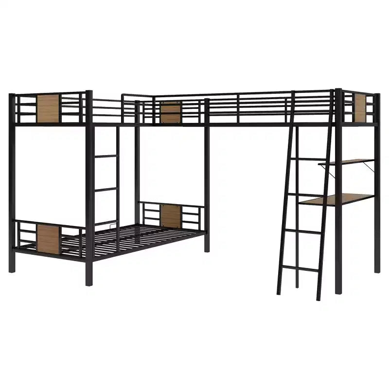 Lit superposé en L double sur double avec lit mezzanine simple, bureau et étagère - Marron