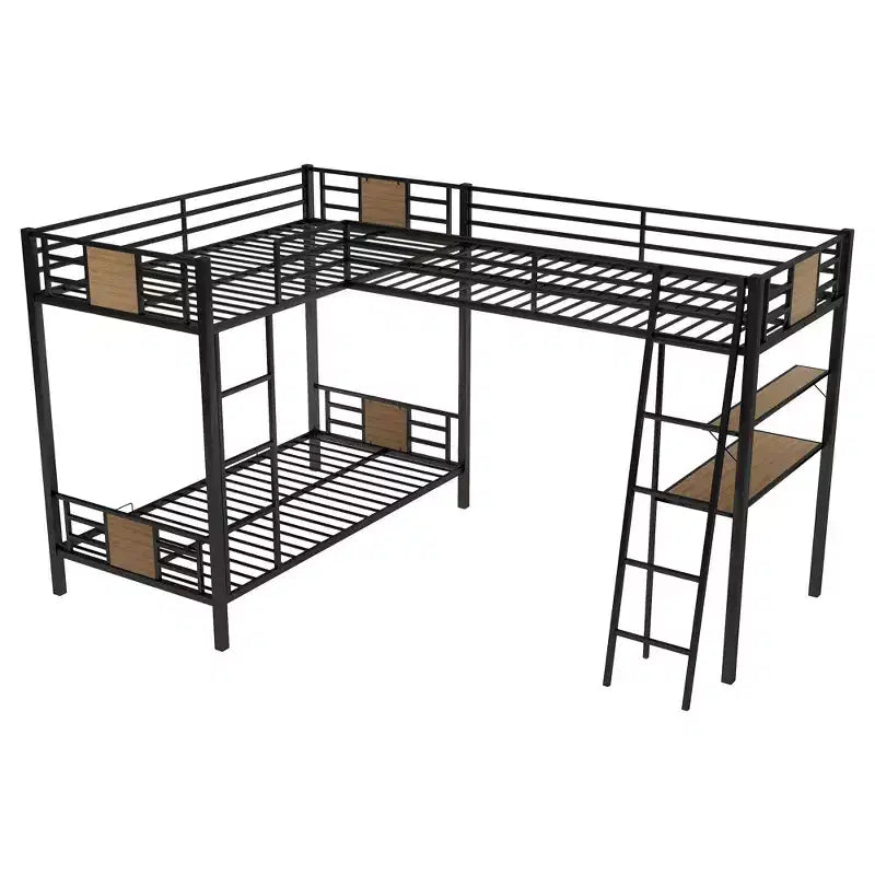 Lit superposé en L double sur double avec lit mezzanine simple, bureau et étagère - Marron