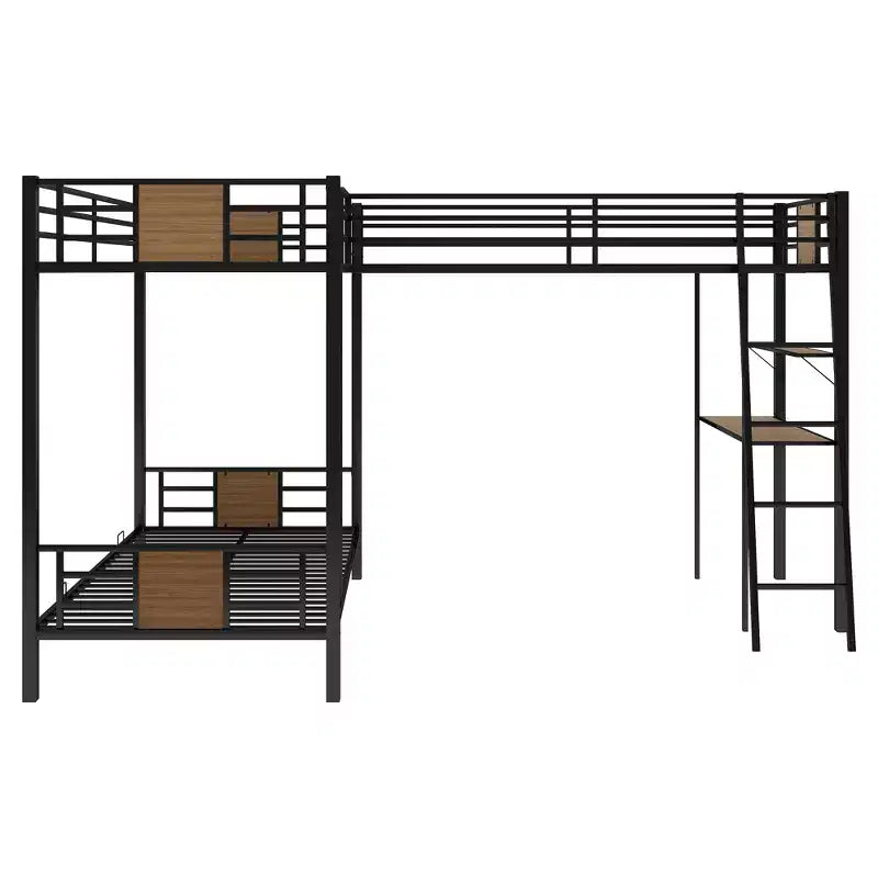 Lit superposé en L double sur double avec lit mezzanine simple, bureau et étagère - Marron