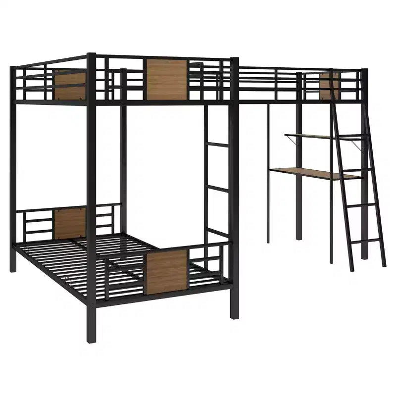 Lit superposé en L double sur double avec lit mezzanine simple, bureau et étagère - Marron