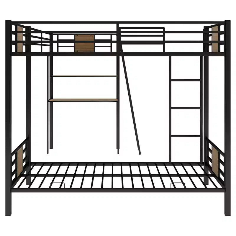 Lit superposé en L double sur double avec lit mezzanine simple, bureau et étagère - Marron