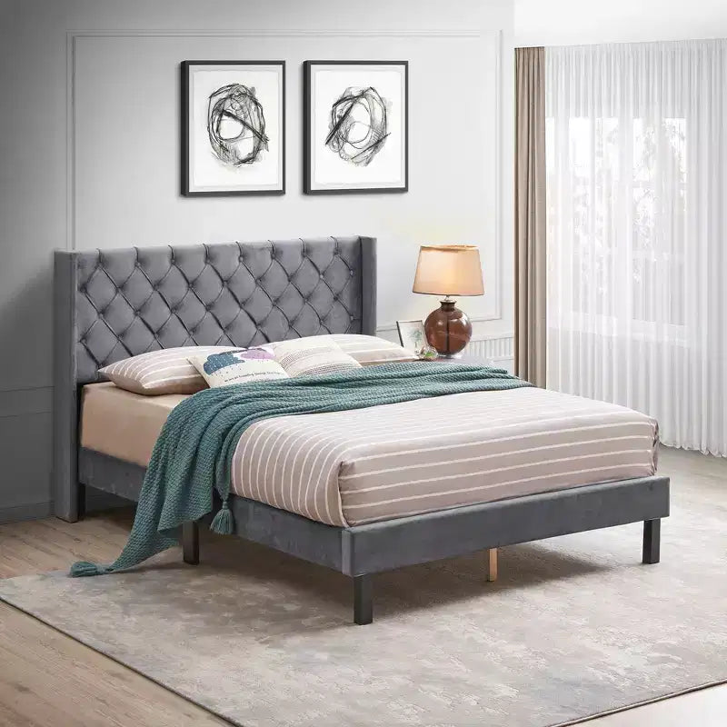 Queen Size Velvet Button Tufted Upholstered Platform Bed, Gray - ModernLuxe