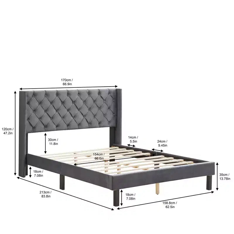 Queen Size Velvet Button Tufted Upholstered Platform Bed, Gray