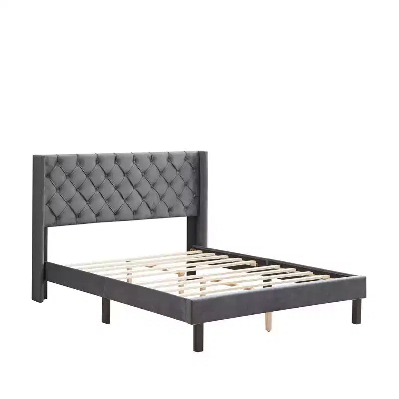Queen Size Velvet Button Tufted Upholstered Platform Bed, Gray