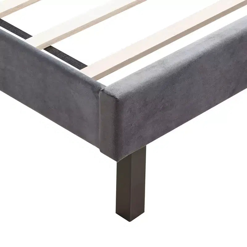 Lit plateforme capitonné en velours, grand lit, gris