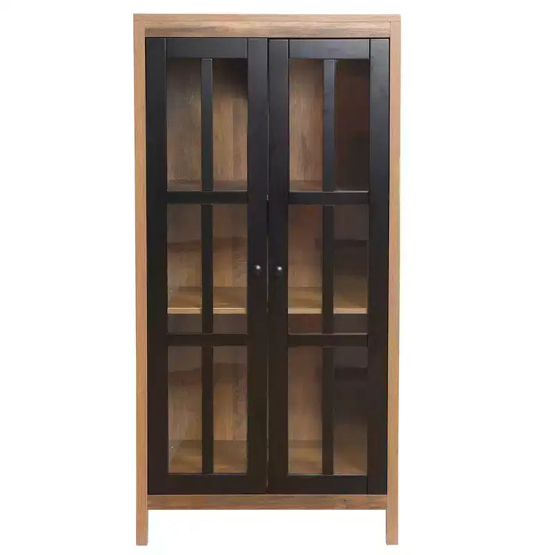 LuxenHome 47.2 Farmhouse Storage Cabinet with Glass Doors, Tall Pantry Cabinet, Glass Display Cabinet Brown, Black