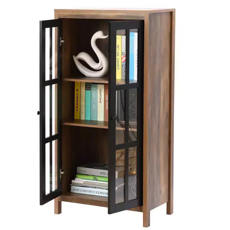 47,2" Meuble de Rangement de Ferme avec Portes Vitrées – Buffet Haut & Vitrine, Marron et Noir