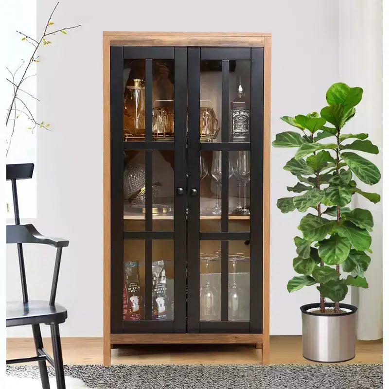 47.2" Farmhouse Storage Cabinet with Glass Doors – Tall Pantry & Display Cabinet, Brown & Black
