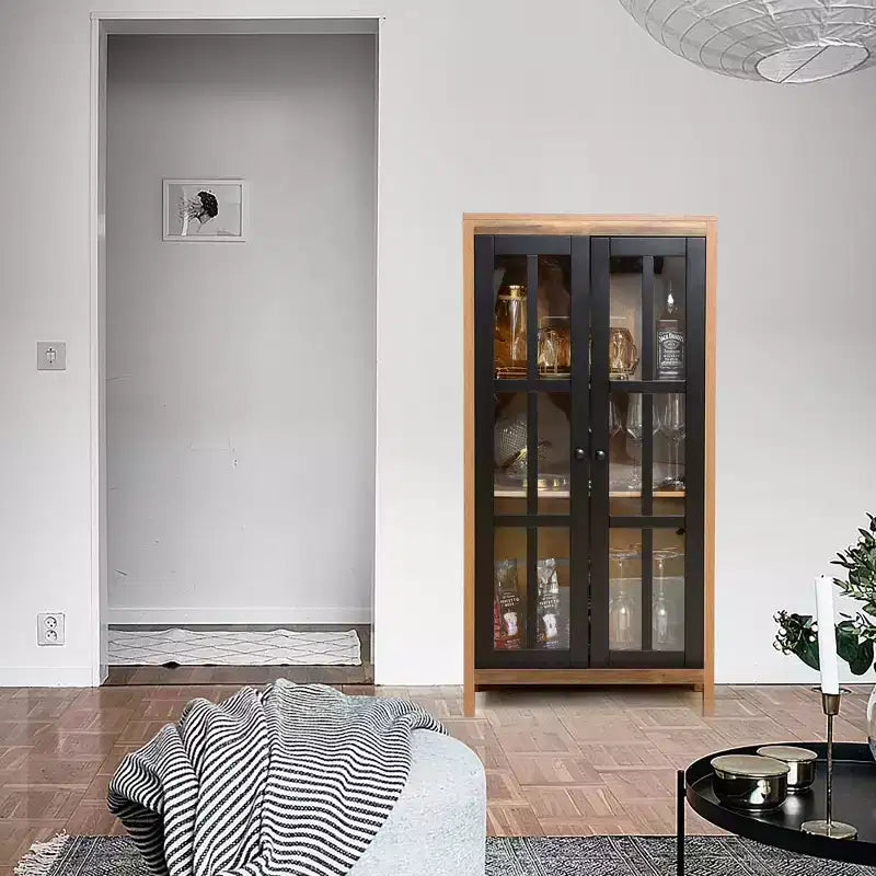 47.2" Farmhouse Storage Cabinet with Glass Doors – Tall Pantry & Display Cabinet, Brown & Black