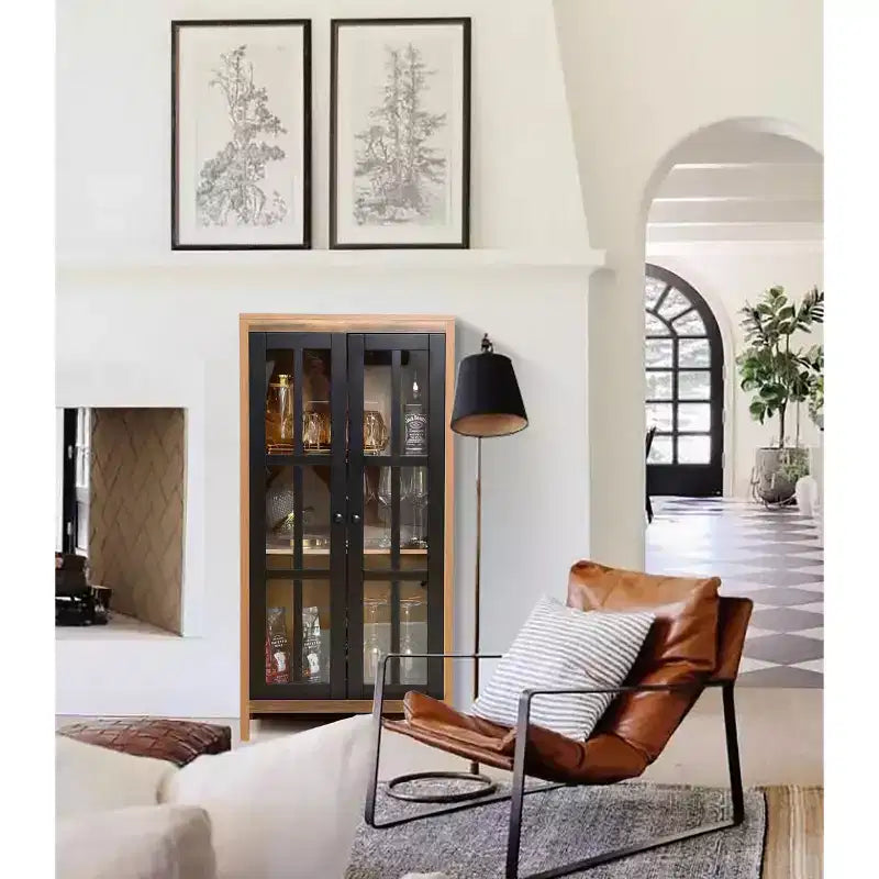 47.2" Farmhouse Storage Cabinet with Glass Doors – Tall Pantry & Display Cabinet, Brown & Black