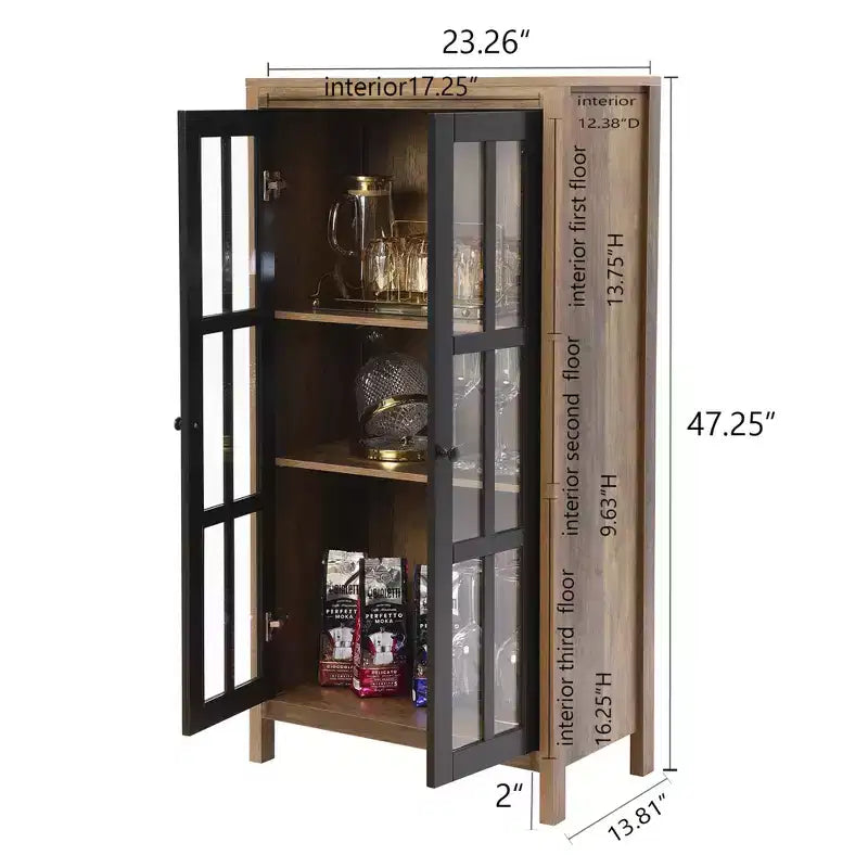47.2" Farmhouse Storage Cabinet with Glass Doors – Tall Pantry & Display Cabinet, Brown & Black