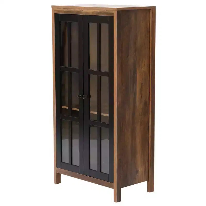 47,2" Meuble de Rangement de Ferme avec Portes Vitrées – Buffet Haut & Vitrine, Marron et Noir