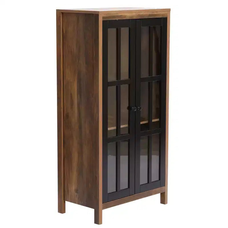 47,2" Meuble de Rangement de Ferme avec Portes Vitrées – Buffet Haut & Vitrine, Marron et Noir