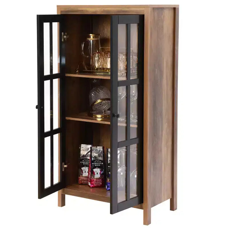47,2" Meuble de Rangement de Ferme avec Portes Vitrées – Buffet Haut & Vitrine, Marron et Noir