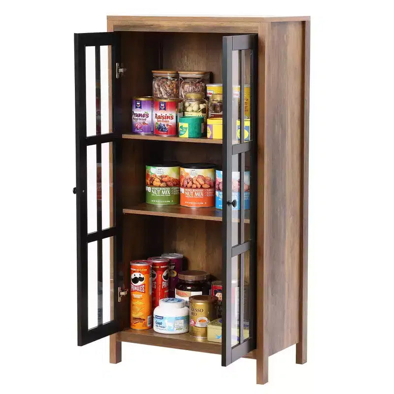 47,2" Meuble de Rangement de Ferme avec Portes Vitrées – Buffet Haut & Vitrine, Marron et Noir